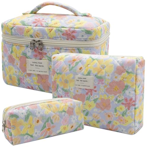 3pc Makeup Bag Set Quilted Makeup Bag Set Large Floral Cosmetic Bag for Women Cute Cotton Makeup Bags Flower Travel Toiletry Organizer Bag Large Flower